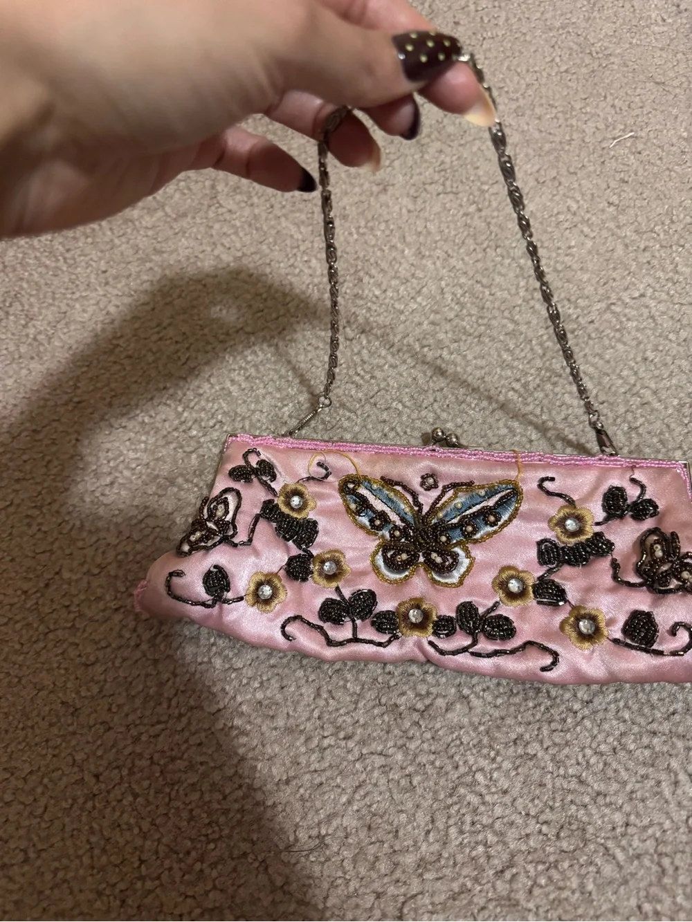 Vtg Pink Embroidered Butterfly Beaded Clutch